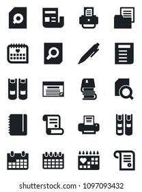 Set of vector isolated black icon - book vector, document search, pen, notepad, calendar, printer, contract, medical, folder, news, schedule