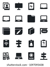 Set of vector isolated black icon - passport vector, office binder, notebook pc, pulse clipboard, signpost, laptop, folder, notes, photo gallery, presentation board, blank box, sale, pass card