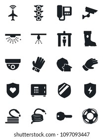 Set of vector isolated black icon - plane radar vector, security gate, safe, glove, boot, hose, heart shield, traffic light, protect, key, intercome, home, surveillance, sprinkler, crisis management