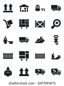Set of vector isolated black icon - sea shipping vector, cargo container, car delivery, port, consolidated, up side sign, no hook, warehouse, package, search, moving