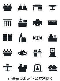 Set of vector isolated black icon - cafe vector, baby room, reception, flight table, medical, desk, meeting, manager place, restaurant, serviette, reserved, salt and pepper