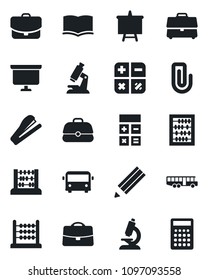 Set of vector isolated black icon - airport bus vector, book, calculator, abacus, presentation board, microscope, case, paper clip, pencil, stapler