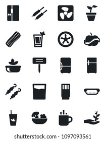 Set of vector isolated black icon - hot cup vector, seedling, plant label, diet, fridge, drink, phyto bar, salad, bacon, kebab, dog, fan, palm sproute