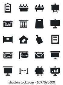 Set of vector isolated black icon - fence vector, flight table, presentation board, meeting, clipboard, sale, rooms, sold signboard, smart home, cutting, chip