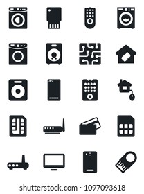 Set of vector isolated black icon - monitor vector, speaker, phone back, sim, washer, smart home, credit card, control, chip, remote, router, usb flash