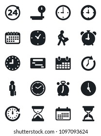 Set of vector isolated black icon - 24 around vector, alarm clock, calendar, heavy scales, manager, schedule, sand
