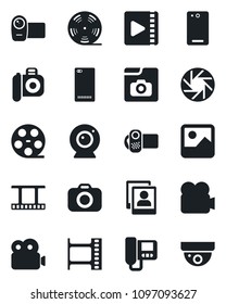 Set of vector isolated black icon - film frame vector, reel, camera, video, phone back, mobile, gallery, photo, web, intercome, surveillance