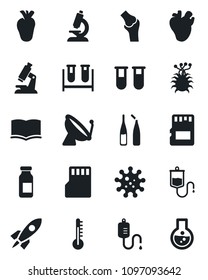 Set of vector isolated black icon - satellite antenna vector, book, blood test vial, dropper, microscope, ampoule, real heart, joint, virus, sd, thermometer, rocket, flask