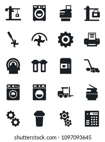 Set of vector isolated black icon - coffee machine vector, washer, fork loader, gear, ripper, lawn mower, tomography, printer, copier, crane, water filter, combination lock
