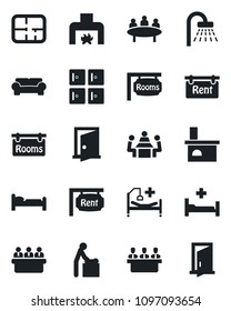 Set of vector isolated black icon - baby room vector, bed, shower, checkroom, meeting, fireplace, hospital, plan, rent, rooms, cushioned furniture, door