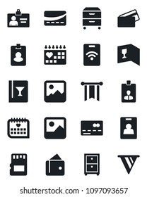 Set of vector isolated black icon - credit card vector, identity, medical calendar, gallery, sd, archive box, wine, pass, wallet, pennon