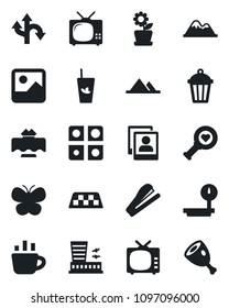 Set of vector isolated black icon - taxi vector, airport building, coffee, butterfly, garden light, heart diagnostic, route, heavy scales, tv, gallery, photo, application, stapler, mountains, ham