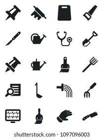 Set of vector isolated black icon - document search vector, drawing pin, garden fork, shovel, farm, watering can, glove, saw, monitor pulse, stethoscope, scalpel, themes, ladle, rolling, knife