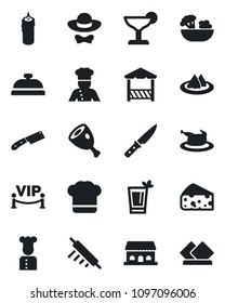 Set of vector isolated black icon - cook vector, serviette, hat, reception, cocktail, phyto bar, salad, cafe building, candle, vip zone, dress code, alcove, chicken, ham, rolling pin, knife, cheese