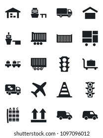 Set of vector isolated black icon - baggage trolley vector, larry, border cone, seat map, plane, traffic light, truck trailer, cargo container, car delivery, sea port, consolidated, up side sign