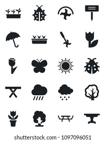 Set of vector isolated black icon - umbrella vector, sun, flower in pot, ripper, tree, butterfly, lady bug, seedling, rain, plant label, picnic table, tulip