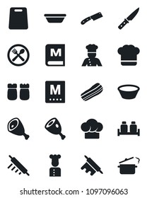 Set of vector isolated black icon - cook vector, cafe, hat, menu, bacon, salt and pepper, ham, bowl, rolling pin, cutting board, knife, steaming pan