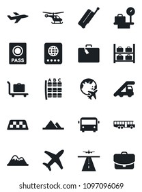 Set of vector isolated black icon - runway vector, taxi, suitcase, baggage trolley, airport bus, passport, ladder car, helicopter, seat map, luggage storage, scales, plane globe, mountains, case