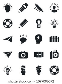 Set of vector isolated black icon - automatic door vector, brainstorm, bulb, camera, pencil, fence, rolling pin, energy saving, shining head, idea, paper plane, crisis management