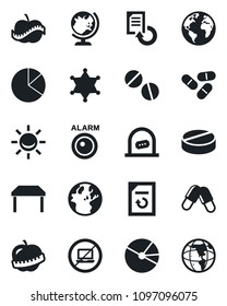 Set of vector isolated black icon - no laptop vector, ticket office, globe, document reload, pills, diet, earth, pie graph, table, police, alarm led
