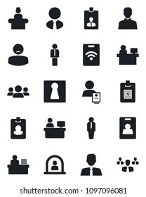 Set of vector isolated black icon - female vector, reception, manager, identity card, place, patient, user, desk, estate agent, pass, group