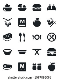 Set of vector isolated black icon - spoon and fork vector, picnic table, cafe, menu, salad, salt pepper, steak, hamburger, bowl, sushi, apple fruit