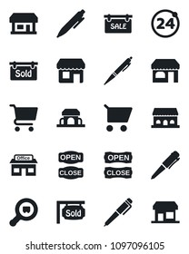 Set of vector isolated black icon - 24 around vector, shop, pen, store, search cargo, sale, sold signboard, cafe building, open close, cart, storefront