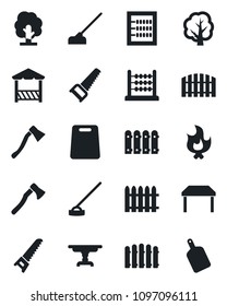 Set of vector isolated black icon - fence vector, tree, saw, fire, hoe, axe, abacus, table, alcove, cutting board