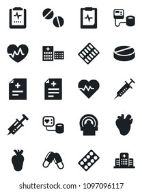 Set of vector isolated black icon - heart pulse vector, diagnosis, syringe, blood pressure, pills, blister, tomography, real, clipboard, hospital