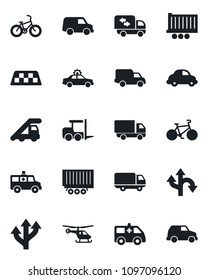 Set of vector isolated black icon - taxi vector, alarm car, fork loader, ladder, helicopter, ambulance, bike, route, truck trailer, delivery, moving