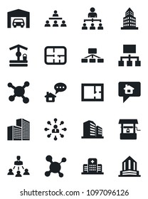 Set of vector isolated black icon - hierarchy vector, well, molecule, hospital, office building, garage, plan, home message