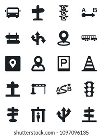 Set of vector isolated black icon - airport bus vector, parking, barrier, security gate, signpost, border cone, route, navigation, traffic light, place tag, guidepost