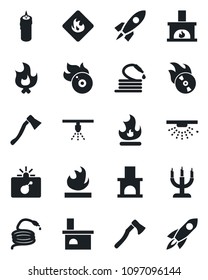 Set of vector isolated black icon - bomb in case vector, fire, hose, axe, fireplace, flammable, flame disk, candle, sprinkler, rocket