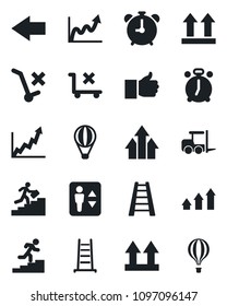Set of vector isolated black icon - elevator vector, alarm clock, left arrow, fork loader, ladder, up side sign, no trolley, finger, career, graph, growth, air balloon