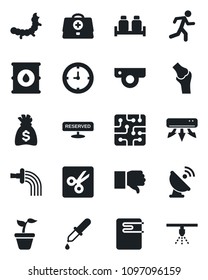 Set of vector isolated black icon - money bag vector, seedling, watering, caterpillar, doctor case, dropper, run, joint, clock, oil barrel, satellite antenna, finger down, cut, air conditioner, chip