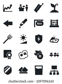 Set of vector isolated black icon - suitcase vector, passport control, left arrow, baggage larry, abacus, farm fork, sproute, dropper, shield, flame disk, protect, brightness, sertificate, pond