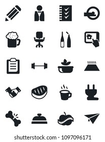 Set of vector isolated black icon - handshake vector, pencil, ampoule, tomography, barbell, broken bone, diet, clipboard, coffee, office chair, checklist, waiter, reception, beer, salad, steak