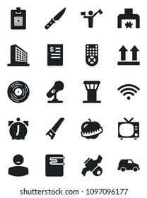 Set of vector isolated black icon - airport tower vector, dispatcher, tv, office building, saw, diet, patient, satellite, up side sign, vinyl, microphone, remote control, alarm, identity card, knife