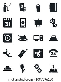 Set of vector isolated black icon - suitcase vector, escalator, notepad, presentation board, garden sprayer, 24 hours, tulip, mobile camera, calendar, cut, reception, candle, restaurant receipt, pc