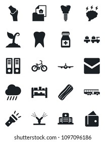 Set of vector isolated black icon - airport bus vector, baggage larry, plane, office binder, brainstorm, sproute, rain, pills bottle, bike, tooth, implant, joint, hospital, rack, mail, torch, bacon