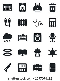 Set of vector isolated black icon - book vector, saw, rain, stethoscope, term, rack, speaker, rca, stopwatch, calendar, calculator, office chair, printer, plates, washer, radiator, outdoor lamp