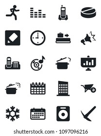 Set of vector isolated black icon - baggage conveyor vector, calendar, wheelbarrow, pills, run, office phone, term, equalizer, speaker, notes, music, clock, city house, steaming pan, snowflake