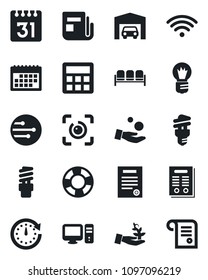 Set of vector isolated black icon - waiting area vector, bulb, news, calculator, network, calendar, eye id, contract, garage, wireless, pc, energy saving, palm sproute, clock, investment