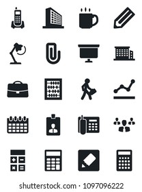 Set of vector isolated black icon - office building vector, identity card, calculator, abacus, presentation board, calendar, pencil, phone, notes, case, coffee, paper clip, point graph, desk lamp