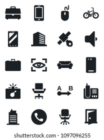 Set of vector isolated black icon - phone vector, bomb in case, mobile, office building, chair, mouse, bike, satellite, route, radio, back, cushioned furniture, city house, sound, eye scan, door