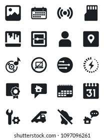 Set of vector isolated black icon - no laptop vector, ladder car, term, gallery, user, scanner, sd, network, calendar, mute, place tag, music, charge, sertificate, root setup, wireless, home message