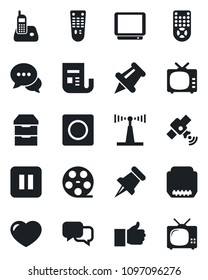 Set of vector isolated black icon - reel vector, antenna, satellite, news, tv, remote control, dialog, radio phone, finger up, heart, paper pin, pause button, hdmi, archive chest, record