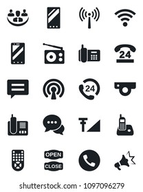 Set of vector isolated black icon - antenna vector, phone, mobile, office, 24 hours, radio, remote control, dialog, message, wireless, cellular signal, company, open close, web camera, advertising