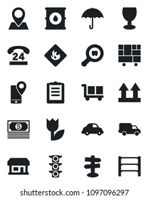 Set of vector isolated black icon - signpost vector, pin, store, cash, traffic light, 24 hours, mobile tracking, car delivery, consolidated cargo, clipboard, fragile, umbrella, up side sign, tulip