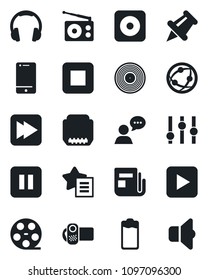 Set of vector isolated black icon - reel vector, vinyl, radio, news, settings, video camera, network, cell phone, speaker, headphones, favorites list, paper pin, battery, play button, pause, stop